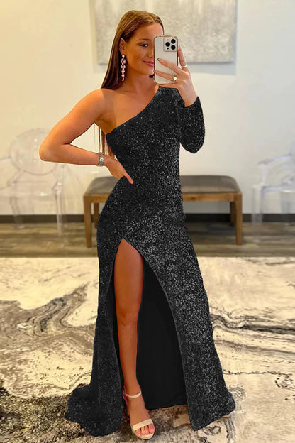 Mermaid Glitter One-Shoulder Single Sleeve Prom Dress With Sequins