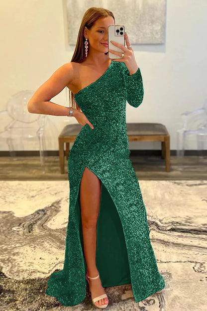 Mermaid Glitter One-Shoulder Single Sleeve Prom Dress With Sequins