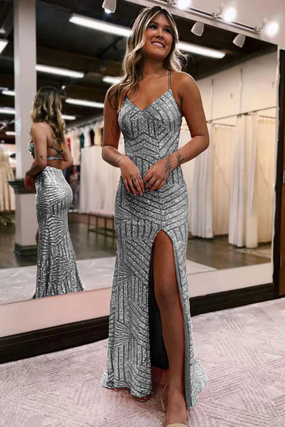 Sequins V-Neck Spaghetti Straps Prom Dress