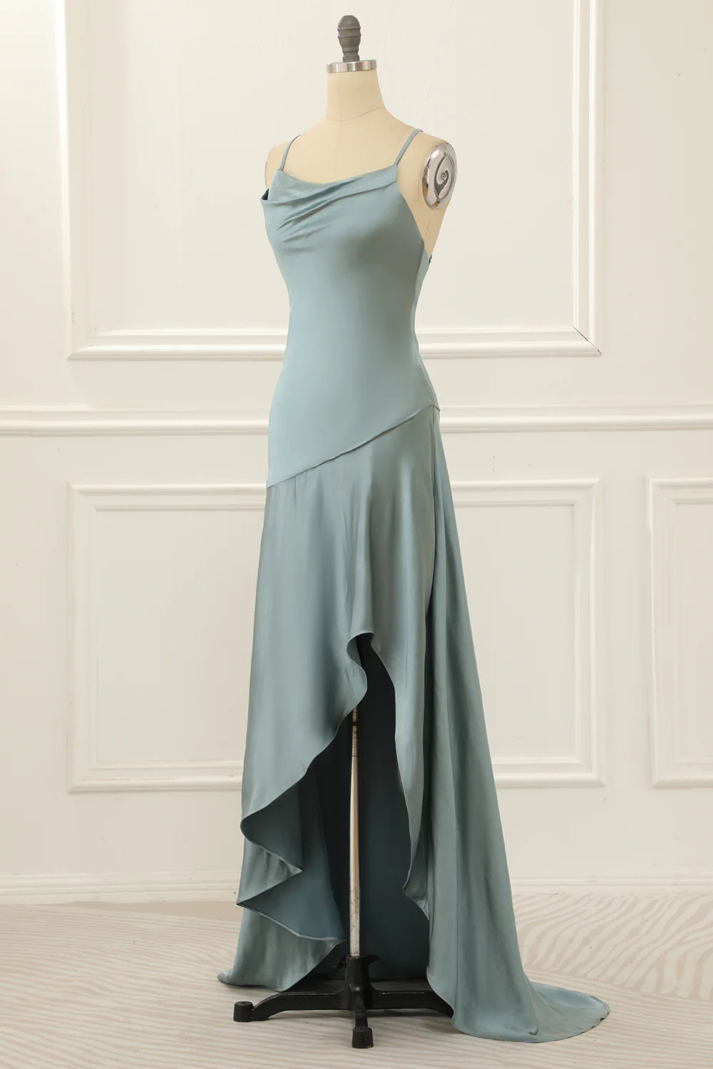 Grey Green Spaghetti Straps Satin High-Low Prom Dress