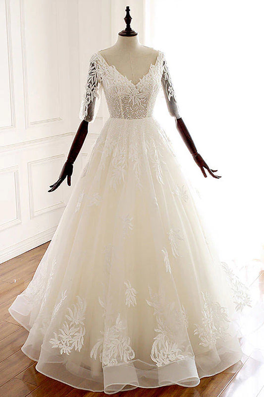 White v neck tulle lace long prom Wedding Dresses