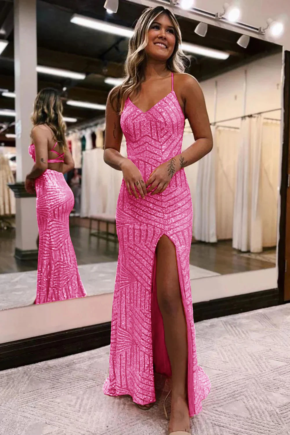 Sequins V-Neck Spaghetti Straps Prom Dress