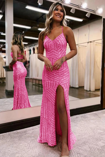 Sequins V-Neck Spaghetti Straps Prom Dress