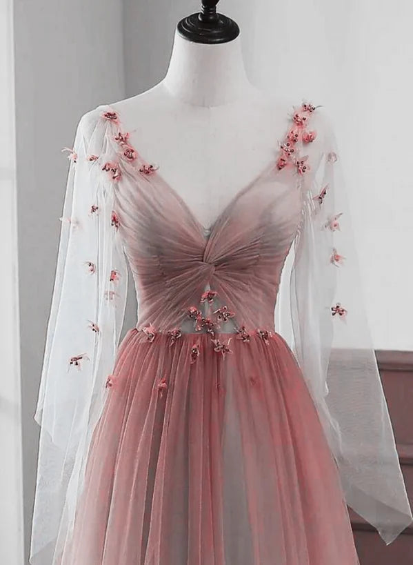 Red Gradient A-line Tulle with Lace Party Dress