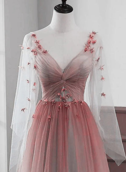 Red Gradient A-line Tulle with Lace Party Dress