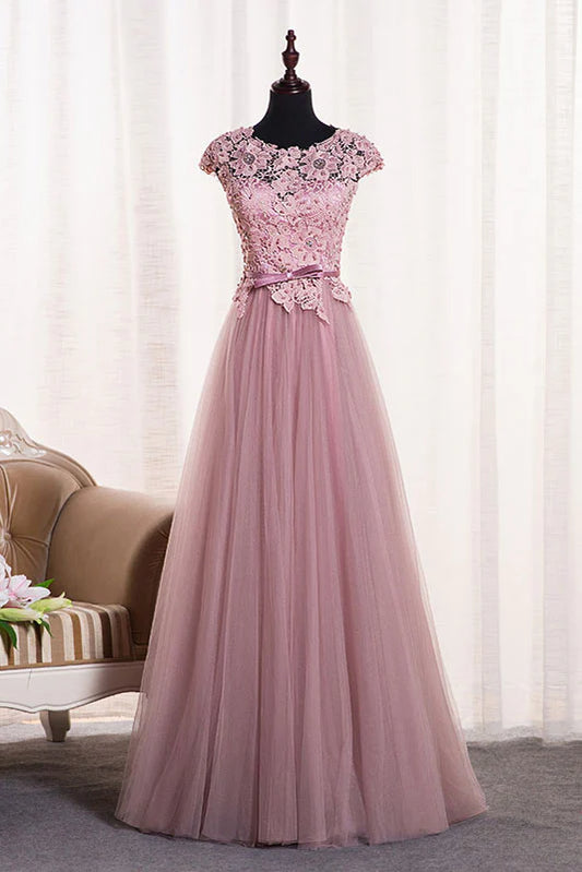 Pink round neck tulle lace applique long prom Wedding Dresses