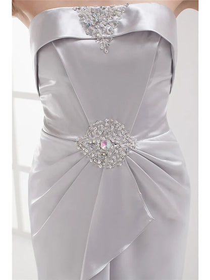 Cocktail Party Dress Strapless Sleeveless Knee Length Stretch Satin with Beading
