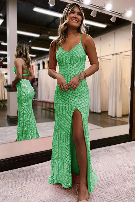Sequins V-Neck Spaghetti Straps Prom Dress