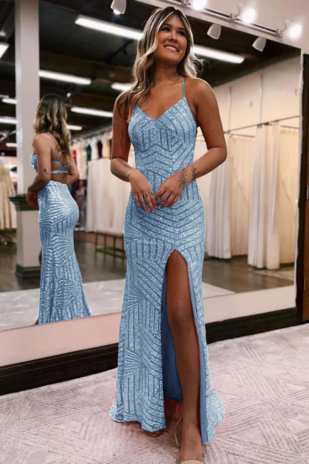 Sequins V-Neck Spaghetti Straps Prom Dress