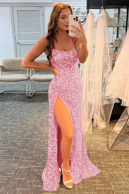 Mermaid Glitter Sequins Backless Long Prom Dress With Slit