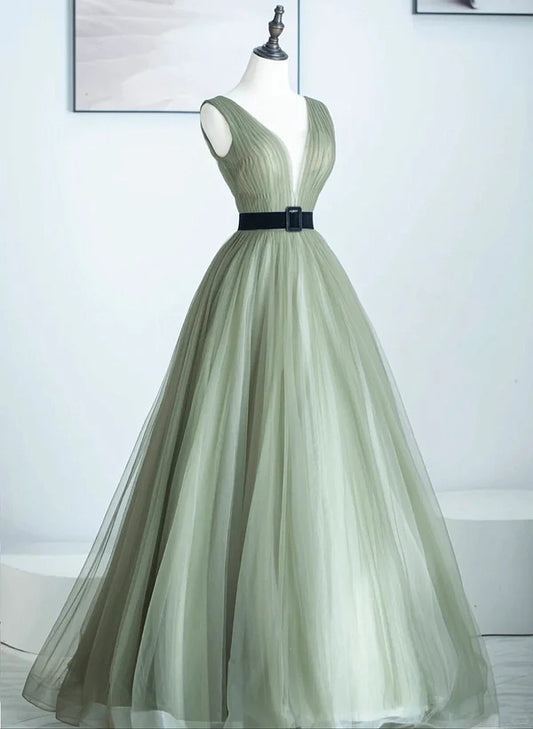 Light Green A-line Tulle V-neckline Long Formal Dress