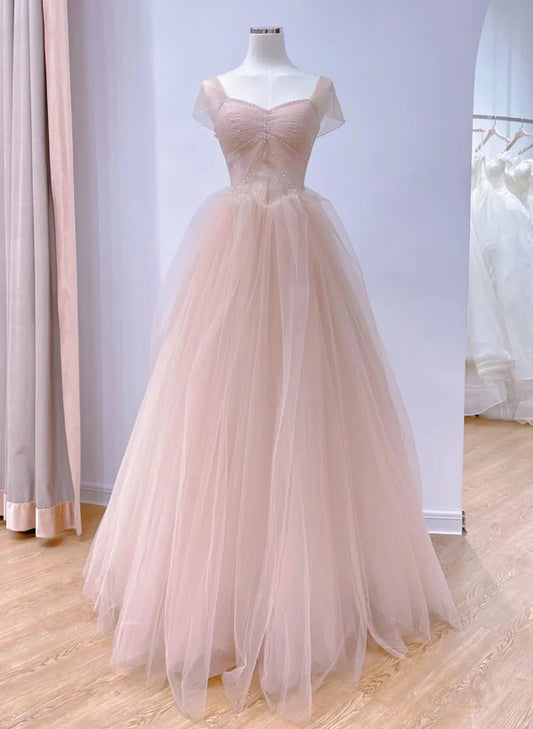 Pink A-line Tulle Beaded Off Shoulder Long Party Prom Dress
