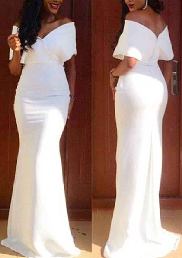 Off-the-Shoulder Short Sleeve Sweep Train Satin Prom Dress