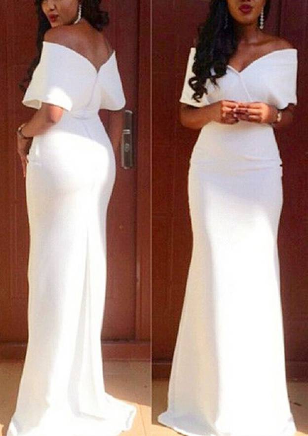 Off-the-Shoulder Short Sleeve Sweep Train Satin Prom Dress