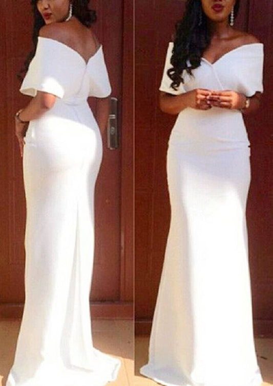 Off-the-Shoulder Short Sleeve Sweep Train Satin Prom Dress