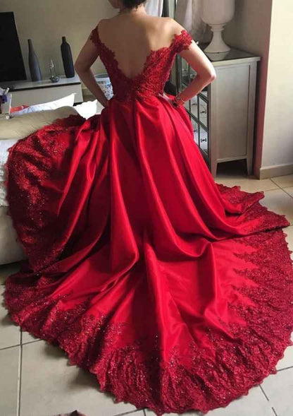 Off-the-Shoulder Sleeveless Chapel Train Charmeuse Evening Dress With Hem Appliqued Beading