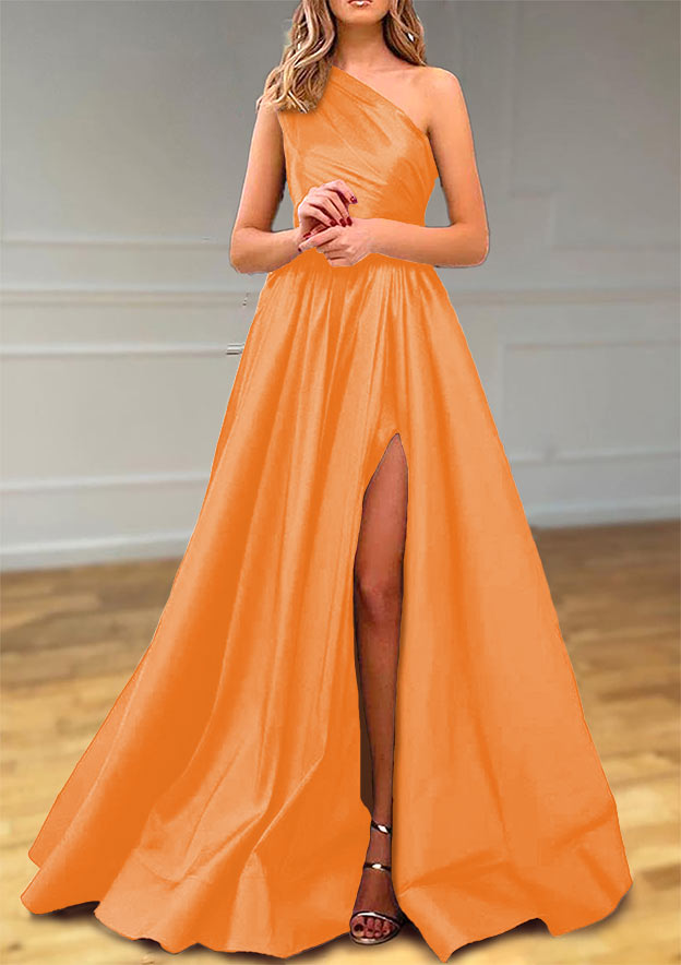 One-Shoulder Satin Prom Dress With Pleated Split