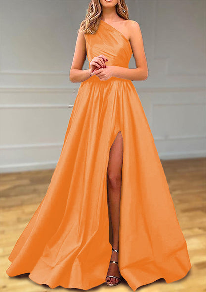 One-Shoulder Satin Prom Dress With Pleated Split