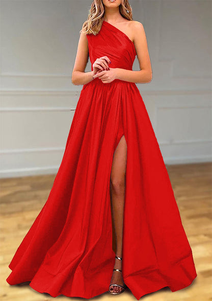 One-Shoulder Satin Prom Dress With Pleated Split