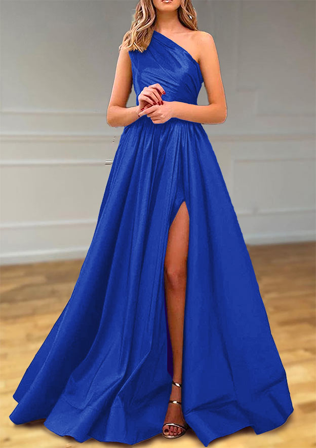 One-Shoulder Satin Prom Dress With Pleated Split