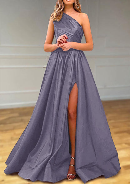 One-Shoulder Satin Prom Dress With Pleated Split