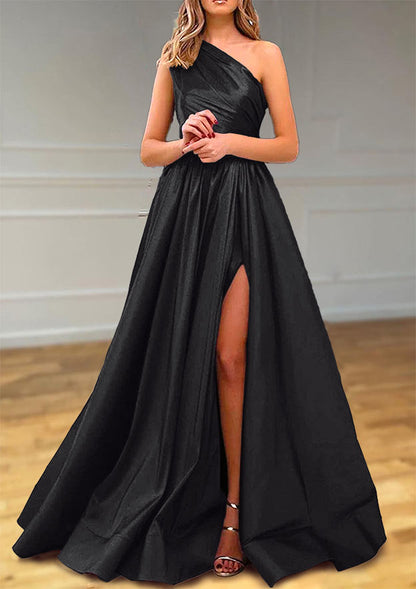 One-Shoulder Satin Prom Dress With Pleated Split