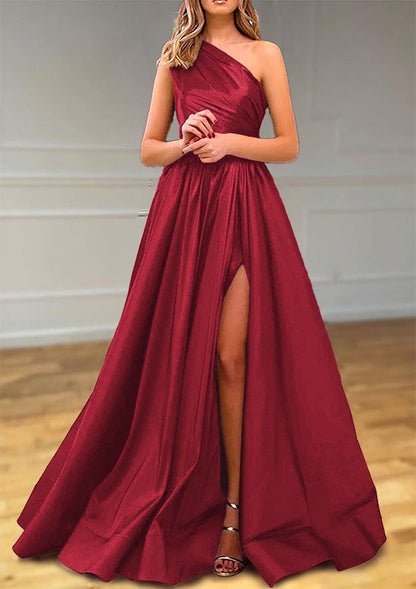 One-Shoulder Satin Prom Dress With Pleated Split
