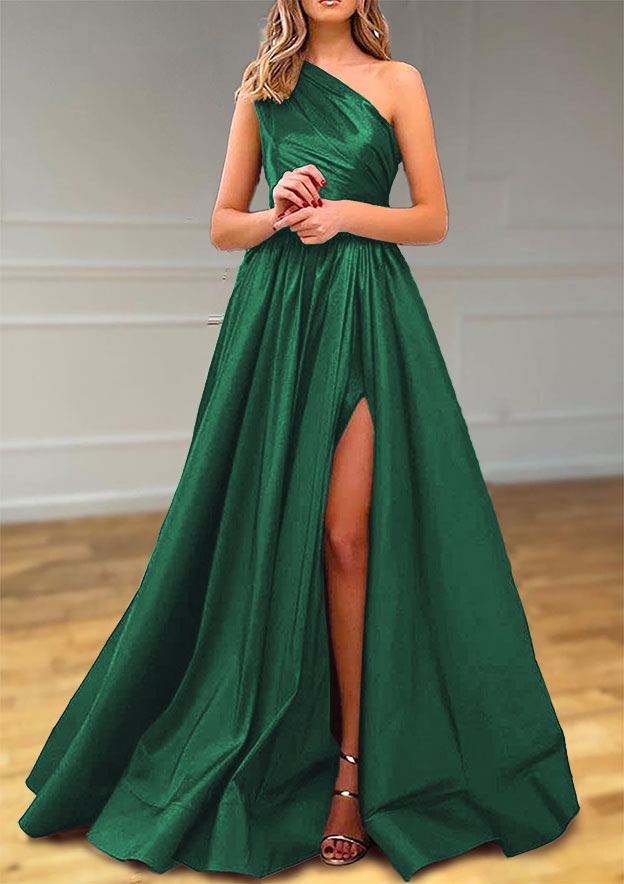 One-Shoulder Satin Prom Dress With Pleated Split