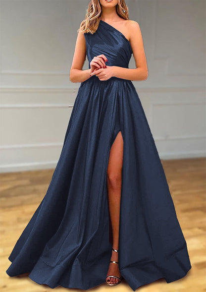 One-Shoulder Satin Prom Dress With Pleated Split