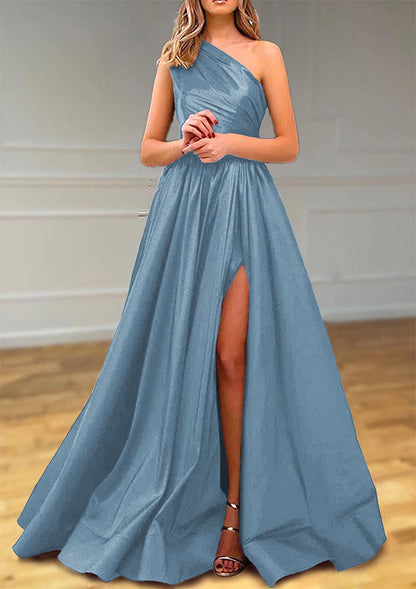 One-Shoulder Satin Prom Dress With Pleated Split