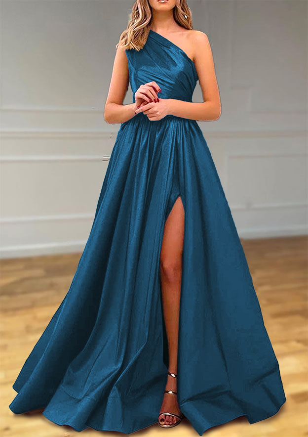 One-Shoulder Satin Prom Dress With Pleated Split