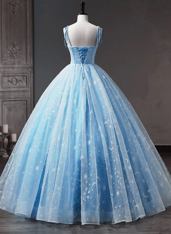 Blue Straps Tulle Floral Long Prom Dress