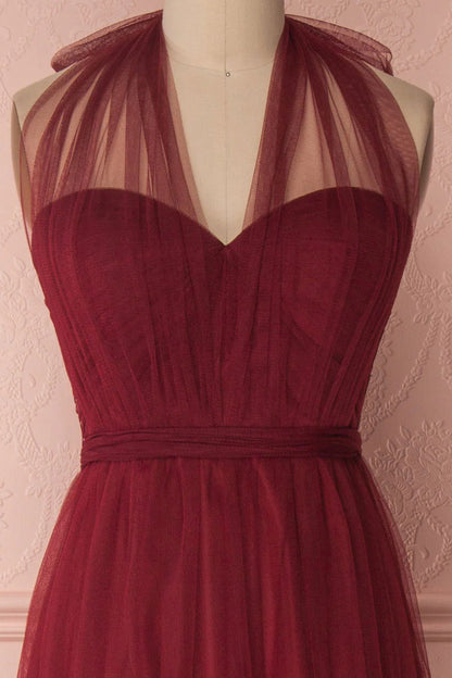 Burgundy tulle sweetheart long prom Wedding Dresses