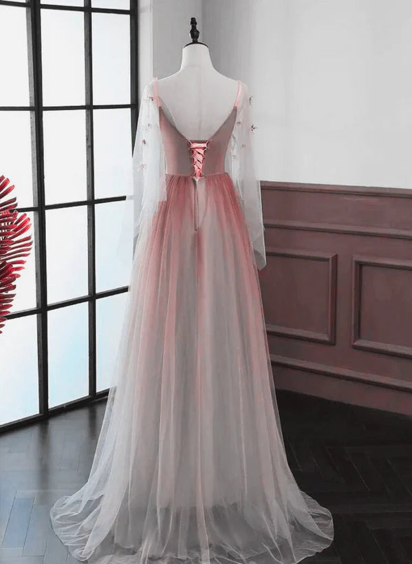 Red Gradient A-line Tulle with Lace Party Dress