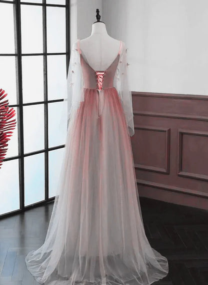 Red Gradient A-line Tulle with Lace Party Dress