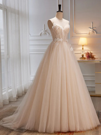 Ivory Tulle with Flowers Straps Prom Dress