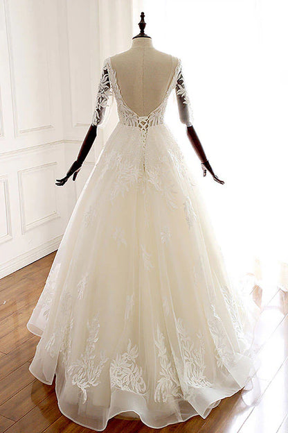 White v neck tulle lace long prom Wedding Dresses