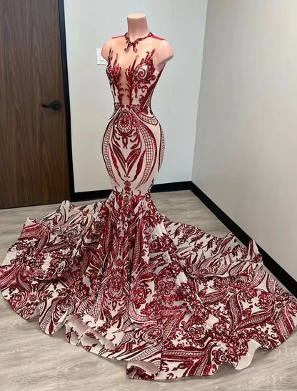Mermaid / Trumpet Evening Gown Elegant Dress Formal Court Train Sleeveless Illusion Neck Sequined with Sequin