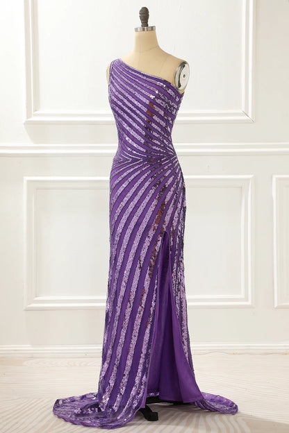 Purple One Shoulder Sequin Prom Dress With Slit