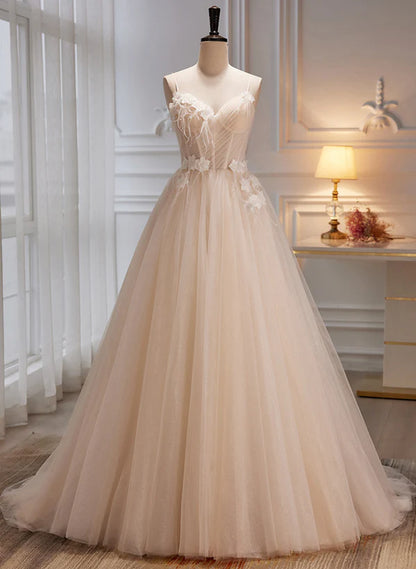Ivory Tulle with Flowers Straps Prom Dress