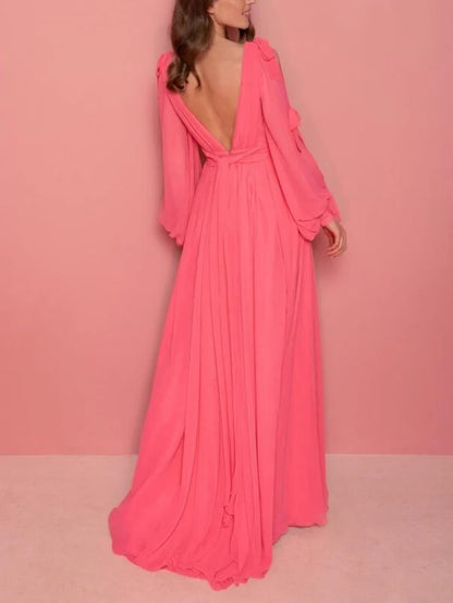 A-Line/Princess V-Neck Long Sleeves Floor-Length Evening Dress