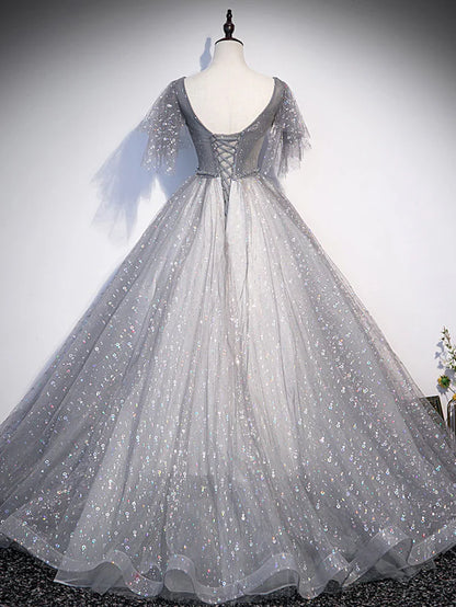 Grey V-neckline Tulle Low Back Long Prom Dress