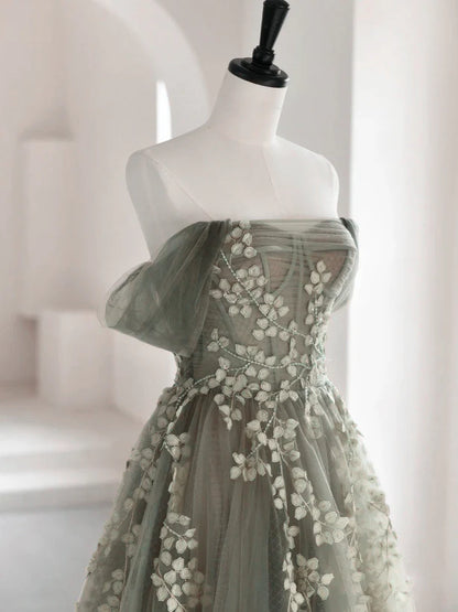 Light Green Tulle Sweetheart A-line Long Party Off Shoulder Prom Dress