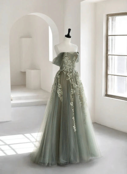 Light Green Tulle Sweetheart A-line Long Party Off Shoulder Prom Dress