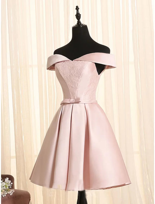 A-Line Minimalist Elegant Engagement Cocktail Party Dress Off Shoulder Sleeveless Short / Mini Satin