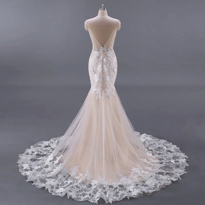 Unique champagne tulle lace long prom dress Weedding Dress