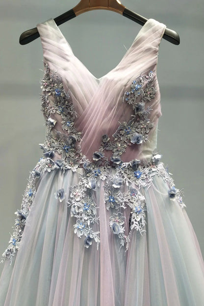 Unique v neck tulle lace applique long prom Wedding Dresses