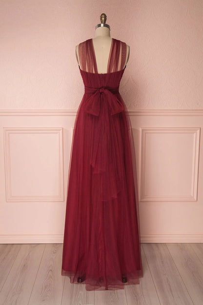 Burgundy tulle sweetheart long prom Wedding Dresses