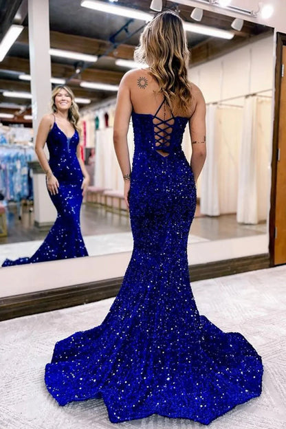 Royal Blue Sparkly  Lace-Up Back Sequins Mermaid Long Prom Dress