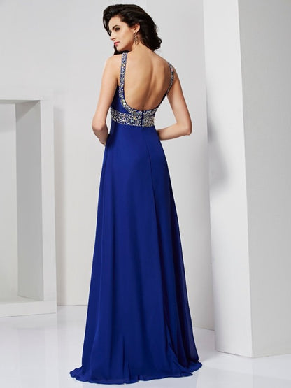 Sleeveless Pleats Long Chiffon Dresses